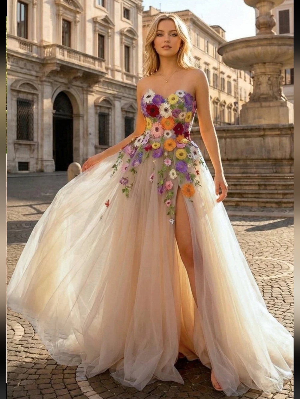 Womens Floral Appliqué Tulle Gown - Pink & Multicolor